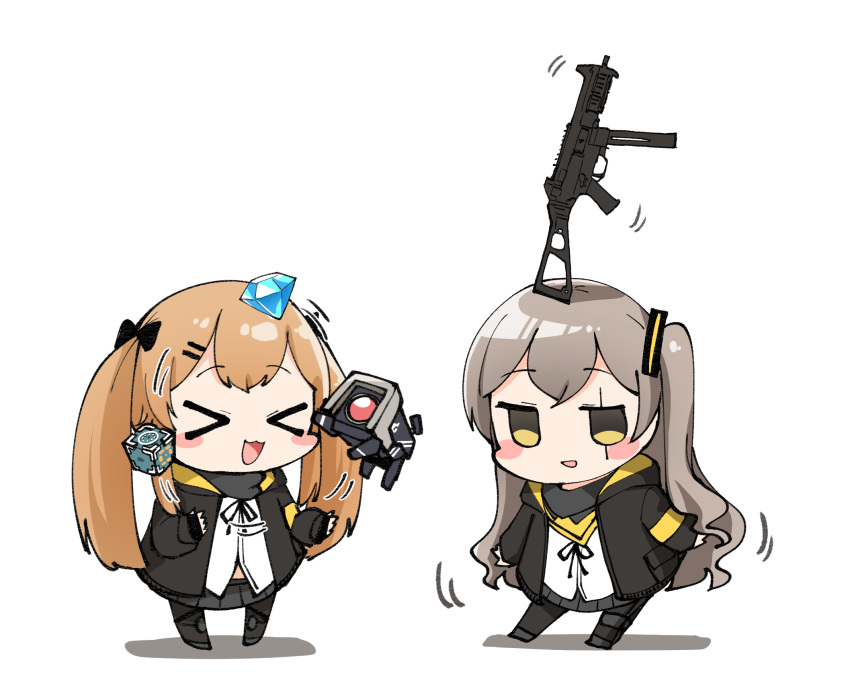 &gt;_&lt; 2girls :3 :d armband balancing balancing_on_head black_gloves black_jacket black_legwear blush blush_stickers brown_hair chibi closed_eyes commentary cube detergent diamond fingerless_gloves girls_frontline gloves grey_hair gun hair_ornament hairclip highres hood hood_down hooded_jacket jacket juggling junsuina_fujunbutsu long_hair looking_at_viewer multiple_girls object_on_head one_side_up open_clothes open_jacket open_mouth scar scar_across_eye simple_background smile submachine_gun twintails ump45_(girls_frontline) ump9_(girls_frontline) weapon white_background