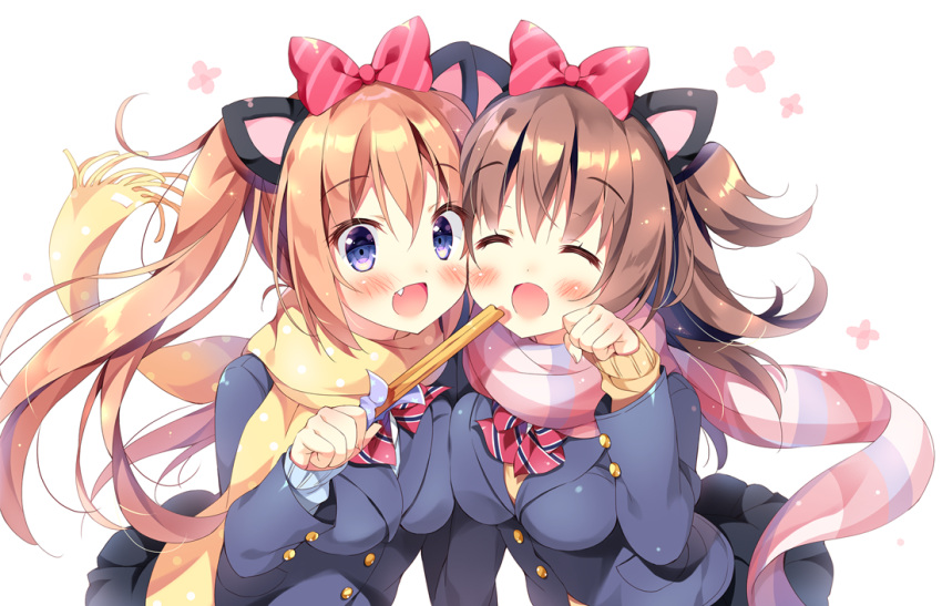 2girls :d ^_^ animal_ears black_skirt blazer blue_cardigan blue_eyes blush bow bowtie brown_hair cat_ears churro closed_eyes closed_eyes commentary_request fang food hair_bow holding holding_food jacket long_hair long_sleeves looking_at_viewer multiple_girls open_mouth orange_hair original pan_(mimi) paw_pose pink_scarf pleated_skirt polka_dot polka_dot_scarf red_bow red_neckwear scarf school_uniform skirt smile striped striped_bow striped_neckwear striped_scarf twintails two_side_up yellow_cardigan yellow_scarf