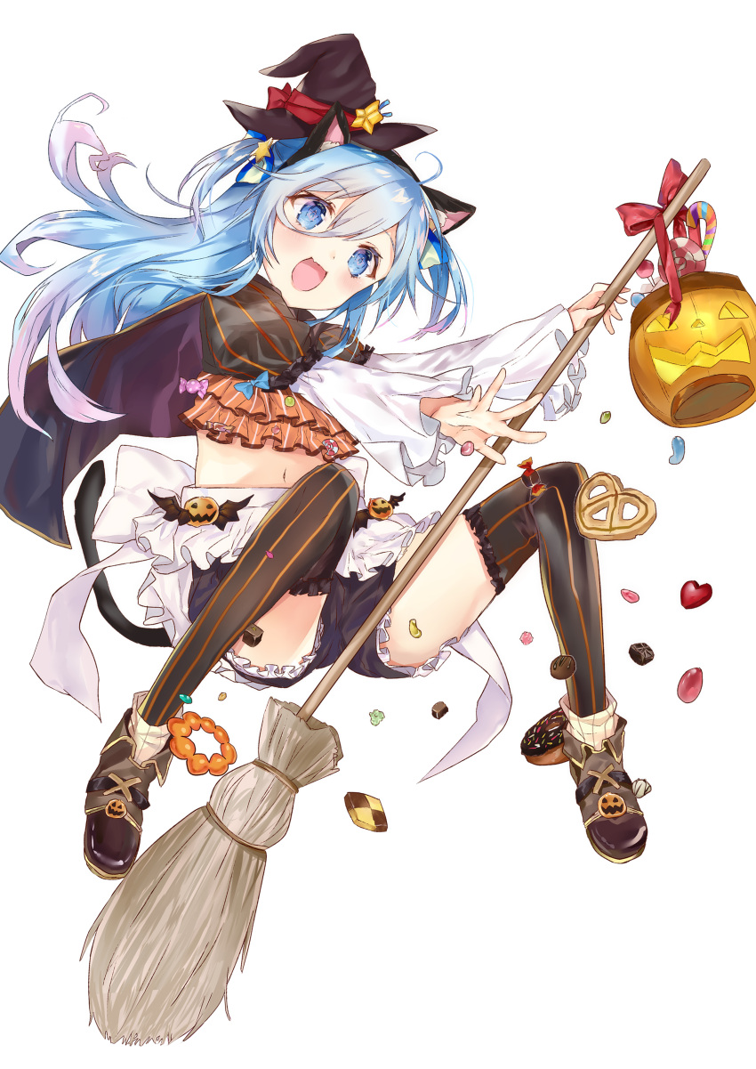 1girl :d absurdres animal_ears ankle_boots apron black_cape black_hairband black_hat black_legwear black_shorts blue_eyes blue_hair boots bow broom broom_riding brown_footwear candy cape cat_ears crop_top doughnut fake_animal_ears fang food frilled_apron frilled_legwear frilled_shorts frills full_body hair_ribbon hairband halloween halloween_basket hat hat_ribbon head_tilt heart hexagram highres holding holding_broom jack-o'-lantern layered_sleeves lollipop long_hair long_sleeves looking_at_viewer loose_socks meteor_(nanakagura) mini_hat mini_witch_hat nanakagura open_mouth original pon_de_ring pretzel puffy_short_sleeves puffy_sleeves red_bow red_ribbon ribbon short_over_long_sleeves short_shorts short_sleeves shorts simple_background smile socks socks_over_pantyhose solo star swirl_lollipop symbol-shaped_pupils thigh-highs two_side_up very_long_hair waist_apron white_apron white_background wide_sleeves witch_hat