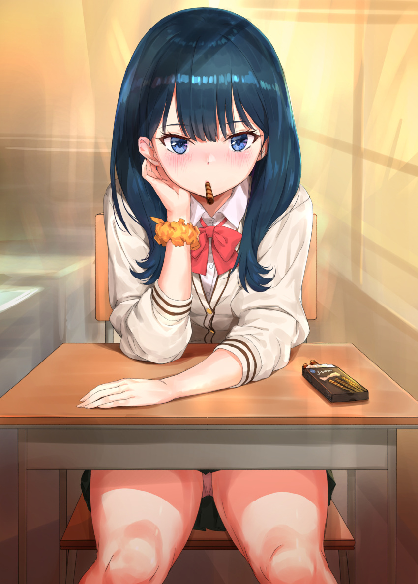 1girl bangs black_hair black_skirt blue_eyes blush bow bowtie cardigan chair collared_shirt commentary_request crystal_shoujo desk eyebrows_visible_through_hair food highres indoors long_hair looking_at_viewer miniskirt mouth_hold on_chair panties pocky red_neckwear school_chair school_desk school_uniform scrunchie shirt sitting skirt solo ssss.gridman takarada_rikka underwear uniform white_panties white_shirt wing_collar wrist_scrunchie yellow_scrunchie