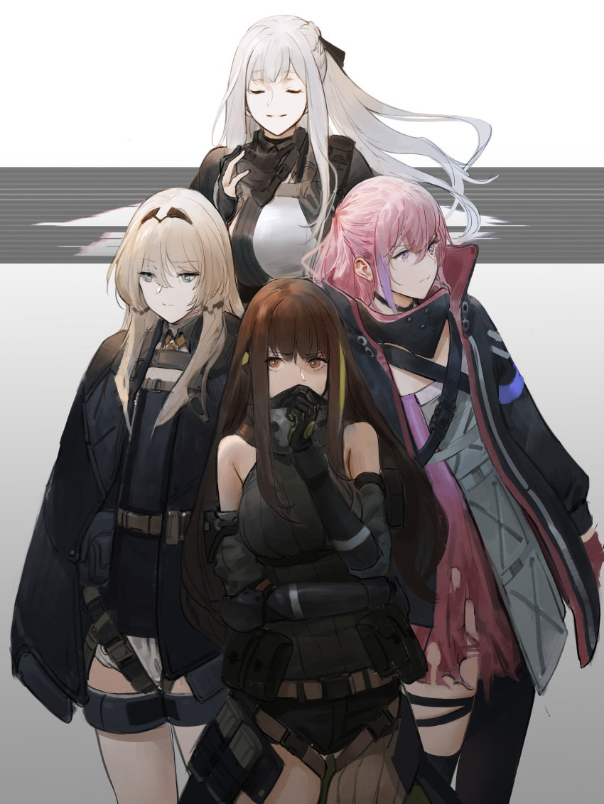 4girls absurdres adjusting_mask ak-12_(girls_frontline) an-94_(girls_frontline) arm_guards armor bangs black_gloves black_ribbon blonde_hair blue_eyes braid breasts cloak closed_mouth covered_mouth defy_(girls_frontline) dokshuri dress elbow_gloves elbow_pads eyebrows_visible_through_hair french_braid gas_mask girls_frontline gloves green_hair green_sweater hair_ornament hairband headphones highres jacket large_breasts load_bearing_equipment long_hair long_sleeves looking_at_viewer m4a1_(girls_frontline) magazine_(weapon) medium_breasts mod3_(girls_frontline) multicolored_hair multiple_girls multiple_straps parted_lips partly_fingerless_gloves pink_hair ponytail pouch purple_hair ribbed_legwear ribbed_sweater ribbon short_shorts shorts sidelocks silver_hair single_thighigh small_breasts smile snap-fit_buckle st_ar-15_(girls_frontline) strap streaked_hair sweater sweater_vest thigh_strap torn_clothes torn_dress very_long_hair violet_eyes