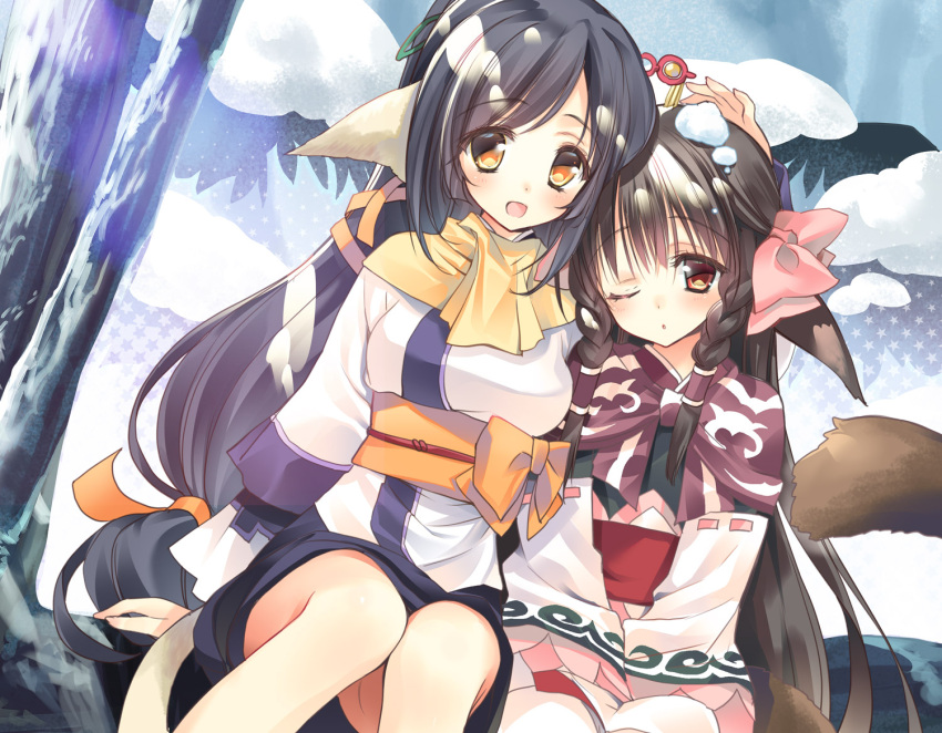 2girls :d animal_ears arm_up bangs black_hair blush bow braid breasts brown_capelet brown_eyes brown_hair commentary_request day eyebrows_visible_through_hair hair_between_eyes hair_bow hair_ribbon hand_on_another's_head hands_on_lap head_tilt japanese_clothes kimono kuon_(utawareru_mono) long_hair long_sleeves looking_at_viewer low-tied_long_hair medium_breasts multiple_girls obi one_eye_closed open_mouth orange_bow orange_ribbon outdoors parted_lips pink_bow red_eyes ribbon rurutie_(utawareru_mono) sash side_braids sitting sleeves_past_fingers sleeves_past_wrists smile snow snow_on_head tail tail_raised tree twin_braids utawareru_mono utawareru_mono:_itsuwari_no_kamen very_long_hair white_kimono wide_sleeves youta