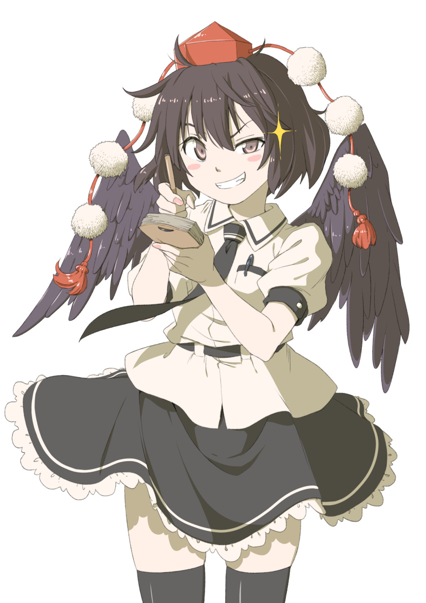 1girl bangs belt black_belt black_hair black_legwear black_neckwear black_skirt black_wings blush_stickers brown_eyes commentary_request cowboy_shot feathered_wings grin hair_between_eyes hat highres holding holding_notepad holding_pen inuno_rakugaki looking_at_viewer miniskirt nail_polish necktie pen petticoat pink_nails pom_pom_(clothes) puffy_short_sleeves puffy_sleeves shameimaru_aya shirt short_hair short_sleeves simple_background skindentation skirt smile solo standing tassel thigh-highs thighs tokin_hat touhou uneven_eyes white_background white_shirt wings zettai_ryouiki