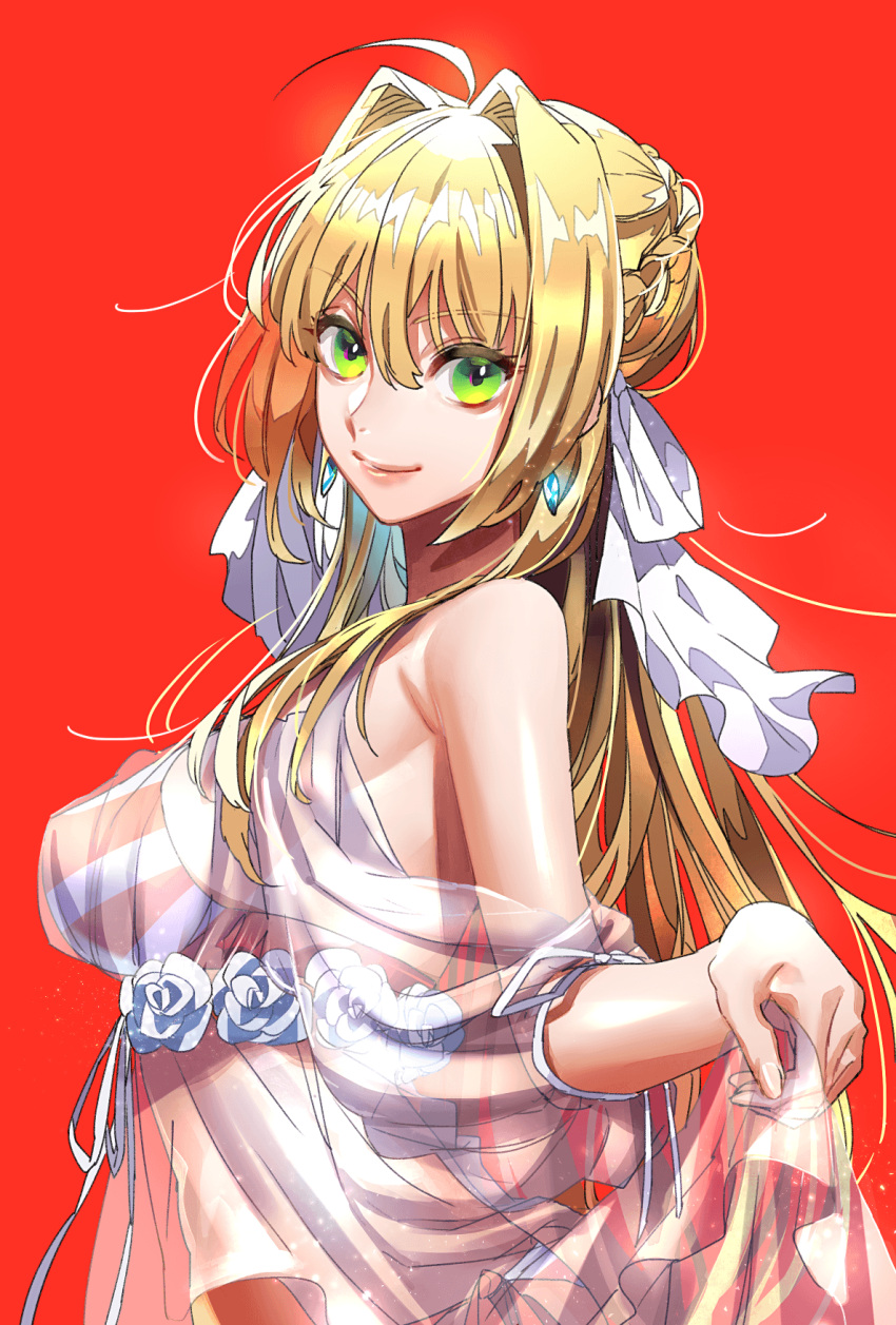 1girl bikini braid commentary_request criss-cross_halter earrings fate/grand_order fate_(series) french_braid green_eyes hair_intakes halter_top halterneck highres jewelry long_hair looking_at_viewer nero_claudius_(fate)_(all) nero_claudius_(swimsuit_caster)_(fate) red_bikini see-through smile striped striped_bikini swimsuit tenobe upper_body
