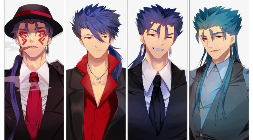 4boys aqua_hair bangs black_hat black_jacket blue_shirt cigar closed_mouth collarbone collared_shirt commentary_request crescent cu_chulainn_(fate/grand_order) cu_chulainn_(fate/prototype) cu_chulainn_alter_(fate/grand_order) earrings eyebrows_visible_through_hair facial_mark fate/grand_order fate/prototype fate/stay_night fate_(series) formal grey_vest grin hair_between_eyes hair_strand hat head_tilt highres jacket jewelry lancer long_hair looking_at_viewer low_ponytail male_focus mouth_hold multiple_boys necktie one_eye_closed open_clothes open_jacket parted_lips pekerika purple_hair red_eyes red_neckwear red_shirt sharp_teeth shirt sidelocks smile smoke smoking suit teeth very_long_hair vest white_shirt