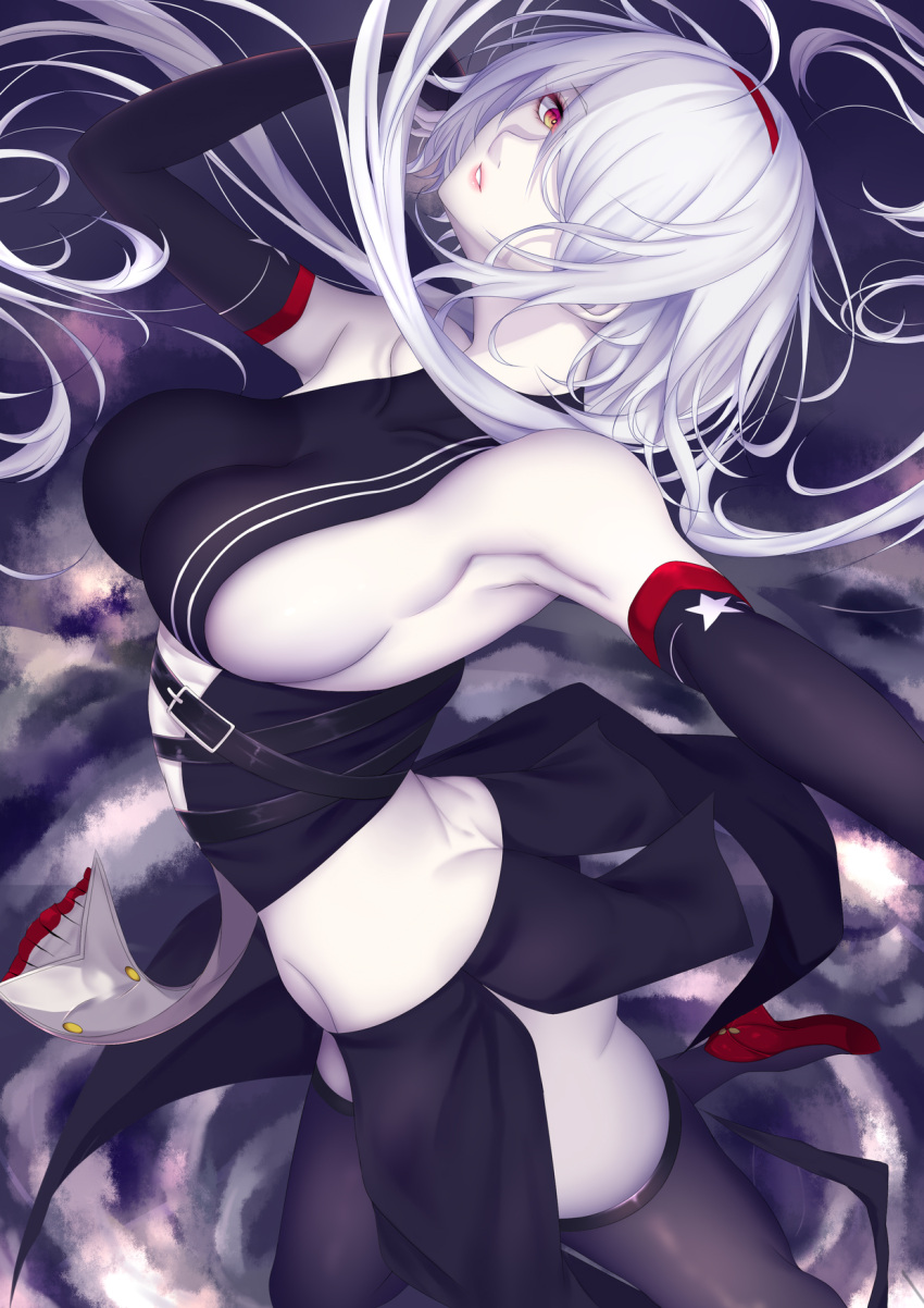1girl arm_strap armpits ass azur_lane bangs belt belt_buckle belt_collar black_skirt blue_hairband breasts buckle butt_crack coat colorado_(azur_lane) detached_sleeves dress expressionless floating_hair hair_over_one_eye hairband highres jacket large_breasts long_hair looking_at_viewer medium_breasts multiple_straps off_shoulder outstretched_arm pale_skin parted_lips pelvic_curtain red_eyes shiro_usagi sideboob sidelocks silver_hair skindentation skirt sleeveless sleeveless_dress solo twisted_torso white_hair wide_sleeves wind wind_lift