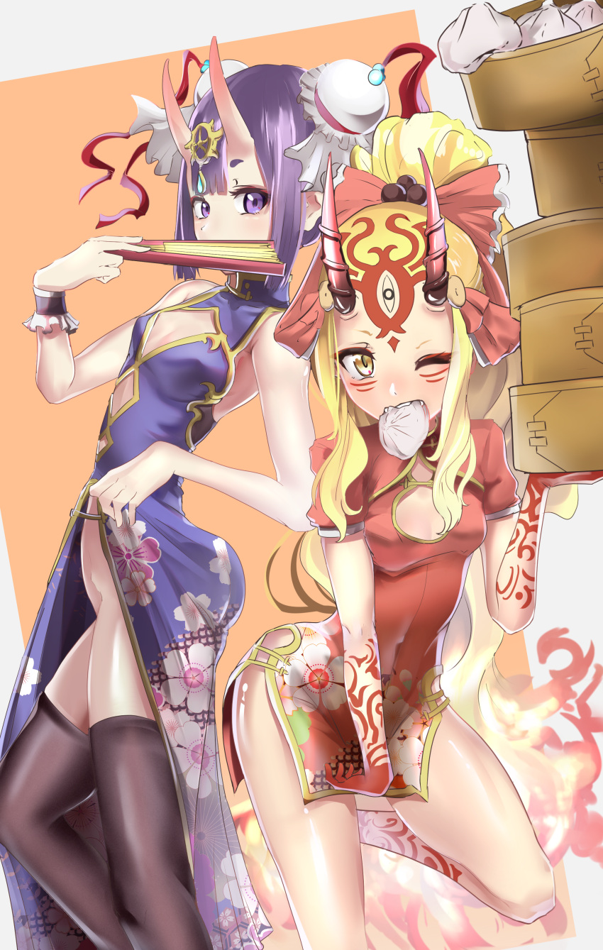 2girls absurdres bangs bare_shoulders blonde_hair blush breasts bun_cover china_dress chinese_clothes cleavage cleavage_cutout double_bun dress dumpling eyeliner facial_mark fan fate/grand_order fate_(series) fiery_hair floral_print folding_fan food forehead_mark hair_bobbles hair_ornament hair_ribbon headpiece highres hips ibaraki_douji_(fate/grand_order) long_hair looking_at_viewer makeup mouth_hold nakasaku-p one_eye_closed oni oni_horns open_mouth pelvic_curtain pointy_ears ponytail puffy_short_sleeves puffy_sleeves purple_dress purple_hair red_dress red_ribbon ribbon short_dress short_hair short_sleeves shuten_douji_(fate/grand_order) sidelocks small_breasts tattoo thighs violet_eyes yellow_eyes