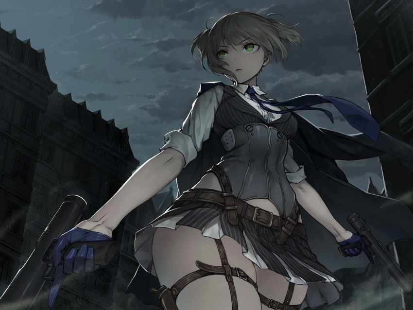 1girl belt building dual_wielding eyebrows_visible_through_hair girls_frontline gloves green_eyes grey_hair gun half_gloves highres holding ljs35794 outdoors short_hair skirt sky sleeves_rolled_up solo weapon welrod_mk2_(girls_frontline)