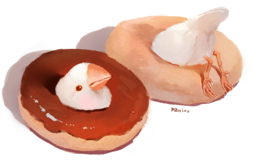 animal artist_name beak bird commentary_request doughnut food java_sparrow manino_(mofuritaionaka) no_humans shadow simple_background talons white_background