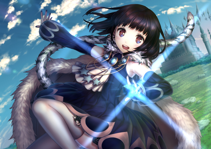 1girl :d absurdres armpit_peek bangs black_hair blue_dress blue_nails blush castle clouds commentary daisan_oujo day detached_sleeves diffraction_spikes dot_nose dress dutch_angle gem grasslands highres holding iridescent jewelry lapis_lazuline lens_flare looking_at_viewer magical_girl mahou_shoujo_ikusei_keikaku mahou_shoujo_ikusei_keikaku_restart mole mole_under_eye nail_polish necklace open_mouth outdoors outstretched_arm outstretched_hand ribbed_dress rock round_teeth short_hair sky smile solo star tail teeth thigh-highs white_legwear