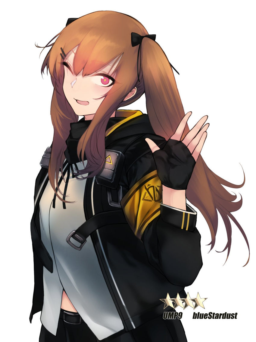 1girl armband artist_name bangs belt black_bow black_gloves black_jacket black_ribbon black_skirt blush bow breasts brown_hair buckle character_name cowboy_shot eyebrows_visible_through_hair fingerless_gloves girls_frontline gloves hair_bow hair_ornament hairclip highres hood hooded_jacket jacket kojima_(blue_stardust) long_hair looking_at_viewer neck_ribbon one_eye_closed open_clothes open_jacket open_mouth red_eyes ribbon scar scar_across_eye scarf shirt skirt smile solo twintails ump9_(girls_frontline) untucked_shirt white_background white_shirt