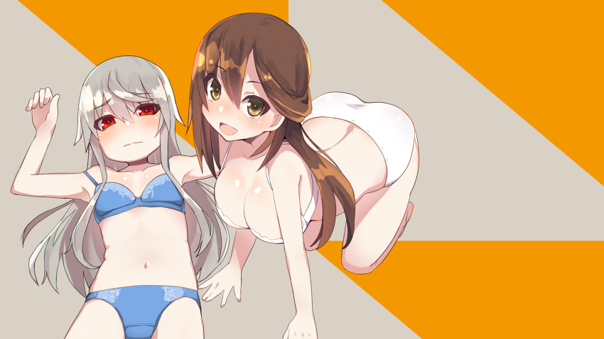 2girls :d alice_gear_aegis all_fours arm_up ass bangs bare_arms bare_legs bare_shoulders barefoot blue_bra blue_panties blush bra breasts brown_eyes brown_hair character_request cleavage closed_mouth commentary_request eyebrows_visible_through_hair hair_between_eyes highres large_breasts long_hair looking_at_viewer low_twintails lying maze_(gochama_ze_gohan) multiple_girls navel on_back open_mouth panties red_eyes silver_hair small_breasts smile twintails underwear underwear_only very_long_hair wavy_mouth white_bra white_panties