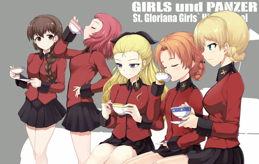 5girls assam bangs black_skirt blonde_hair blue_eyes braid brown_eyes brown_hair closed_eyes closed_mouth commentary copyright_name cup darjeeling drinking_glass epaulettes from_side girls_und_panzer grey_background ground_vehicle hair_ornament hair_over_shoulder hair_pulled_back hair_ribbon hairclip hand_on_hip holding holding_saucer jacket kasai_shin light_frown long_hair long_sleeves looking_at_viewer looking_away military military_uniform military_vehicle miniskirt motor_vehicle multiple_girls orange_hair orange_pekoe parted_bangs pleated_skirt red_jacket redhead ribbon rosehip rukuriri saucer short_hair silhouette single_braid sitting skirt smile st._gloriana's_military_uniform standing tank teacup tied_hair twin_braids uniform