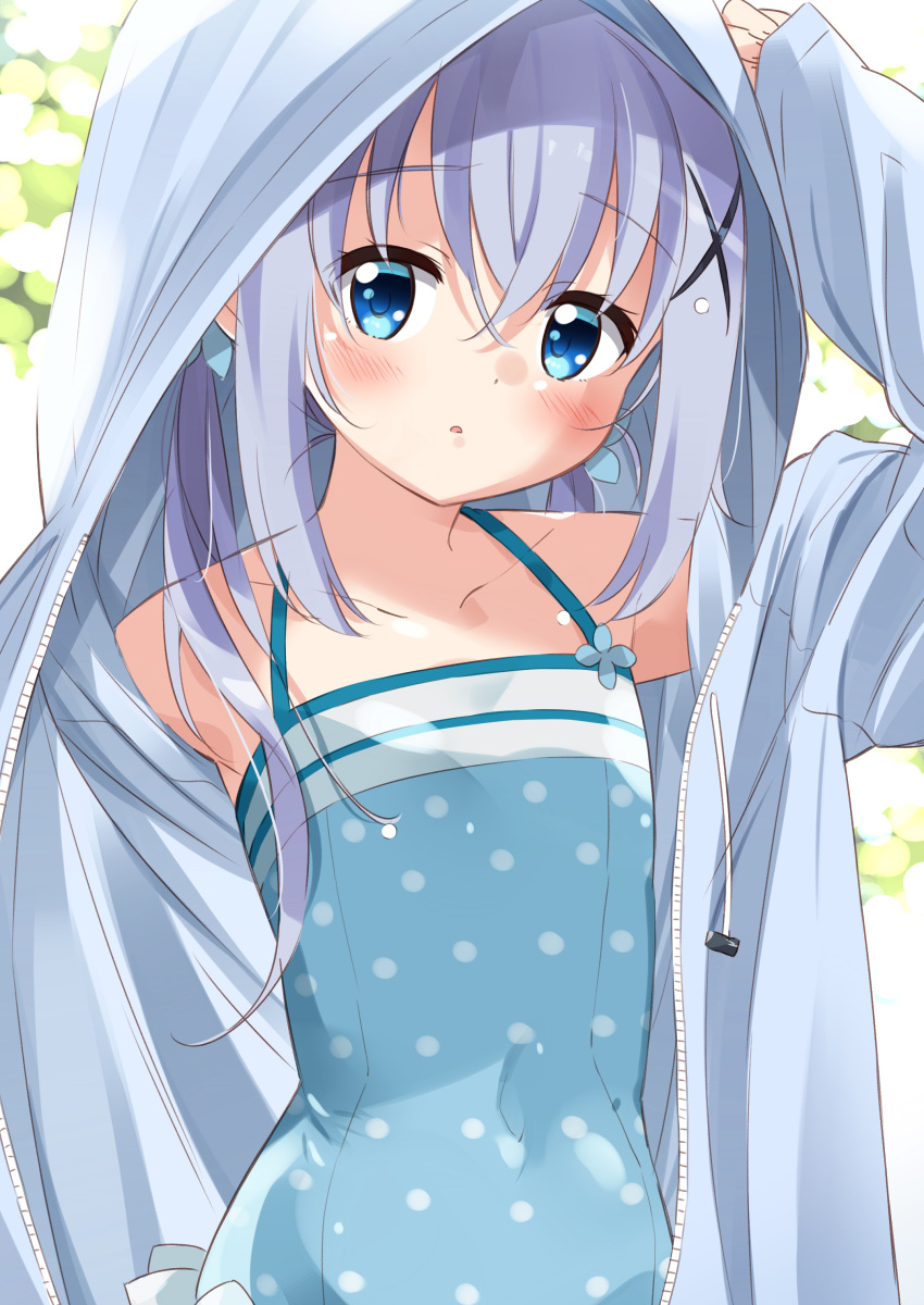 1girl absurdres arm_up bangs blue_eyes blue_jacket blue_swimsuit blush casual_one-piece_swimsuit collarbone commentary_request covered_navel drawstring eyebrows_visible_through_hair fingernails gochuumon_wa_usagi_desu_ka? hair_between_eyes hair_ornament head_tilt highres hood hood_up hooded_jacket jacket kafuu_chino long_sleeves looking_at_viewer mousou_(mousou_temporary) one-piece_swimsuit open_clothes open_jacket parted_lips polka_dot polka_dot_swimsuit purple_hair sleeves_past_wrists solo swimsuit x_hair_ornament