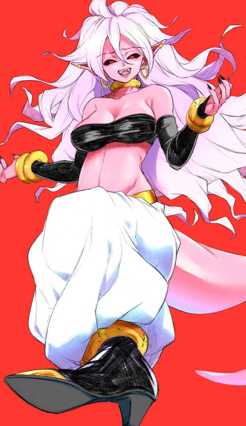 1girl android_21 black_nails black_sclera breasts choker cleavage collarbone dragon_ball dragon_ball_fighterz drawn highres large_breasts long_hair looking_at_viewer majin_android_21 mityubi nail_polish navel open_mouth pink_skin pointy_ears red_background red_eyes simple_background sketch solo tail white_hair yellow_choker