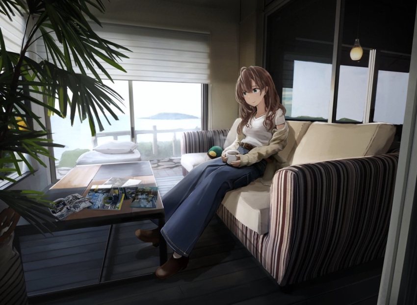 1girl belt blue_eyes brown_hair closed_mouth coffee coffee_mug coffee_table couch cup day denim holding holding_cup indoors jeans long_hair looking_away mug original pants pillow railing roller_shades sakeharasu scenery shirt short_sleeves sitting smile solo white_shirt window