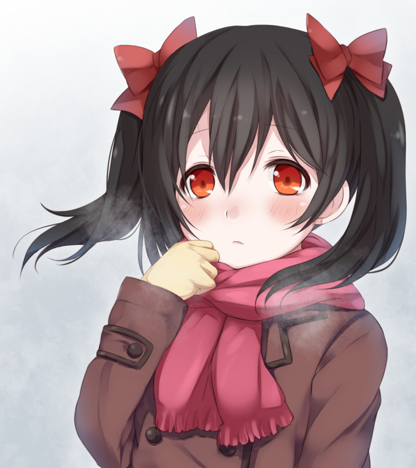 1girl black_hair blush bow brown_coat coat eyebrows_visible_through_hair grey_background hair_between_eyes hair_bow highres hitotsuki_no_yagi love_live! love_live!_school_idol_project pink_scarf red_bow red_eyes scarf solo twintails upper_body yazawa_nico