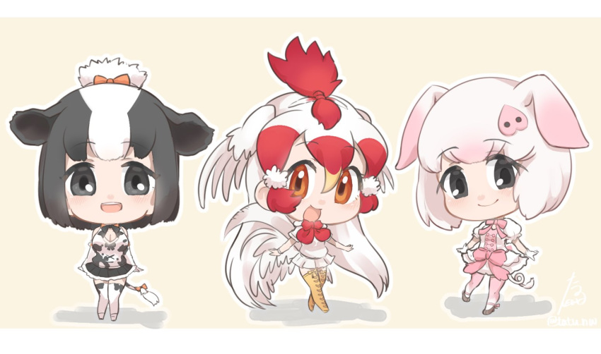 3girls animal_ears animal_print bare_shoulders bell bird_tail bird_wings black_hair boots bow bowtie chibi chicken_(kemono_friends) cow_ears cow_print cow_tail cross-laced_footwear detached_sleeves dress gloves hair_tie head_wings holstein_friesian_cattle_(kemono_friends) kemono_friends knees_together_feet_apart lace-up_boots legs_crossed multicolored_hair multiple_girls pig_(kemono_friends) pig_ears pig_nose pig_tail pink_hair pleated_dress pleated_skirt puffy_short_sleeves puffy_sleeves redhead short_hair short_sleeves skirt standing standing_on_one_leg tail tail_bell tail_bow tatsuno_newo thigh-highs thigh_boots trait_connection white_hair wings zettai_ryouiki