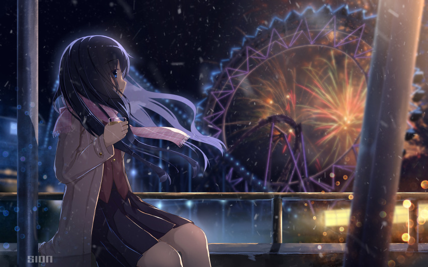1girl aerial_fireworks amusement_park artist_name backlighting bangs black_hair black_skirt blouse blue_eyes blurry blurry_background blurry_foreground blush bokeh brown_coat buttons coat commentary_request cup depth_of_field drink drinking_glass eyebrows_visible_through_hair ferris_wheel fireworks floating_hair from_side hand_up highres holding holding_cup lights long_hair looking_afar miniskirt neon_lights night night_sky open_clothes open_coat original outdoors parted_lips pink_scarf plaid plaid_scarf pleated_skirt profile railing red_shirt roller_coaster scarf shirt sion005 sitting skirt sky snowing solo unmoving_pattern wind winter winter_clothes