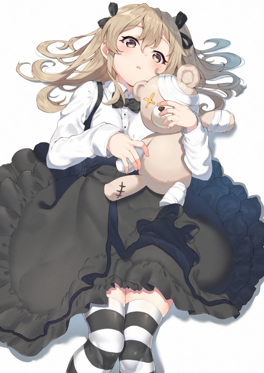 1girl bandage bangs black_legwear black_neckwear black_ribbon black_skirt boko_(girls_und_panzer) bow bowtie brown_eyes casual collared_shirt commentary girls_und_panzer hair_ribbon head_tilt high-waist_skirt highres holding holding_stuffed_animal joker_(tomakin524) layered_skirt light_blush light_brown_hair light_frown long_hair long_sleeves looking_at_viewer lying on_back parted_lips ribbon shadow shimada_arisu shirt side_ponytail simple_background skirt solo striped striped_legwear stuffed_animal stuffed_toy suspender_skirt suspenders teddy_bear thigh-highs white_background white_shirt