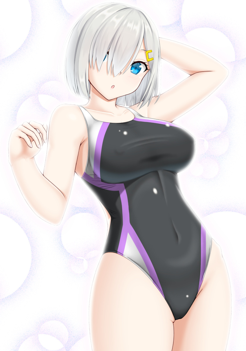 1girl black_swimsuit blue_eyes breasts competition_swimsuit covered_navel cowboy_shot eyes_visible_through_hair hair_ornament hair_over_one_eye hairclip hamakaze_(kantai_collection) highres kantai_collection large_breasts looking_at_viewer one-piece_swimsuit ouka_yozakura short_hair silver_hair solo standing swimsuit white_background