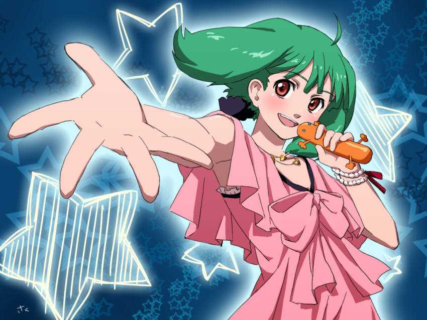 1girl ahoge bracelet dress green_hair jewelry macross macross_frontier macross_frontier:_itsuwari_no_utahime microphone music necklace official_style oosanshouuo-san open_mouth outstretched_arm pink_dress ranka_lee red_eyes sakuyamelody short_hair singing smile solo star starry_background