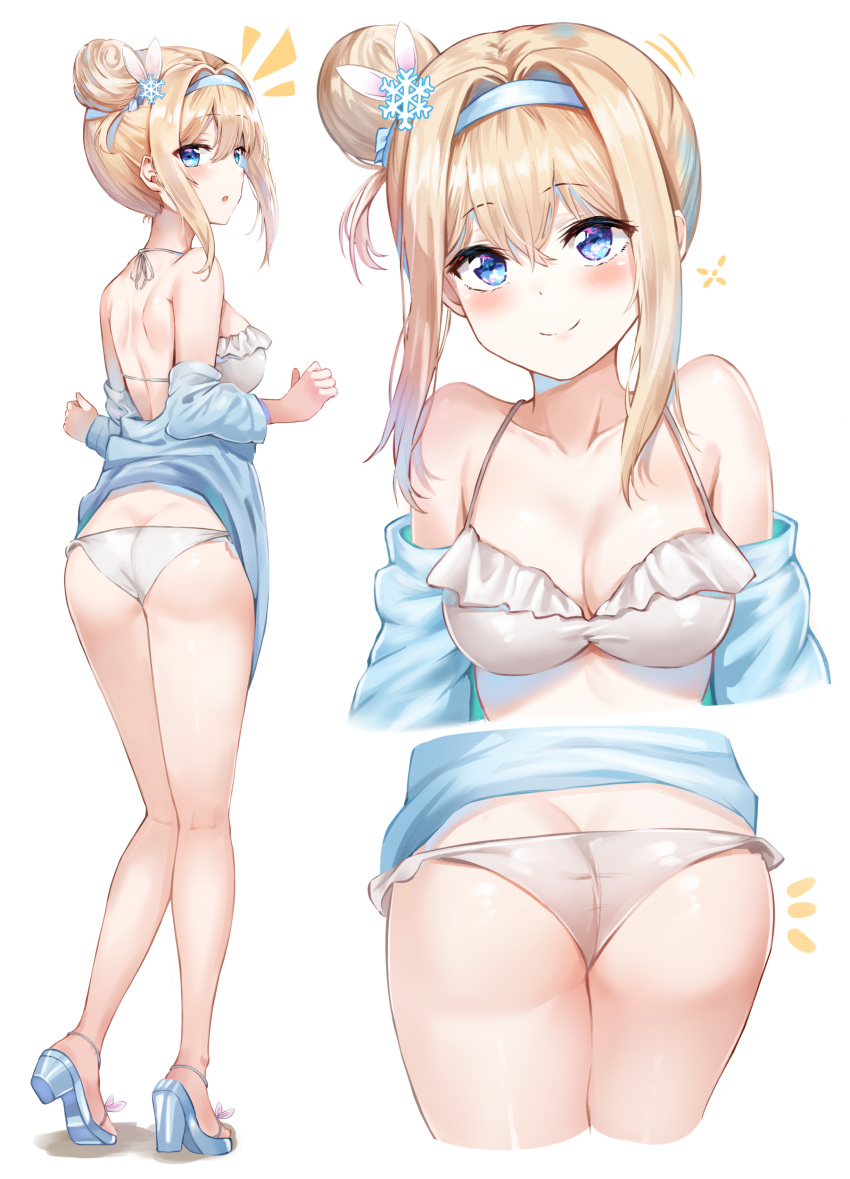 1girl absurdres ass bangs bare_back bare_shoulders bikini blonde_hair blue_eyes blue_footwear blue_jacket blush breasts bunny_hair_ornament butt_crack cleavage closed_mouth collarbone commentary_request eyebrows_visible_through_hair frilled_bikini frills full_body girls_frontline hair_between_eyes hair_bun hair_intakes hair_ornament hairband halter_top halterneck head_tilt high_heels highres jacket korean_commentary long_hair looking_at_viewer looking_back medium_breasts multiple_views off_shoulder open_clothes open_jacket sandals shoulder_blades sidelocks smile snowflake_hair_ornament standing sunhyun suomi_kp31_(girls_frontline) swimsuit white_bikini