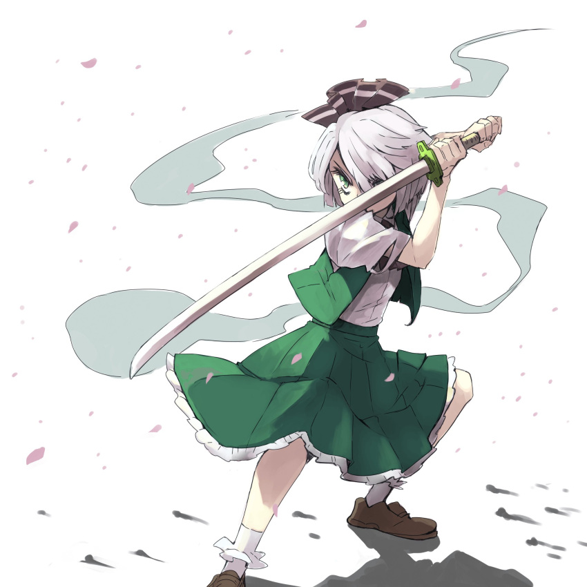 1girl arms_up black_ribbon bobby_socks brown_footwear cherry_blossoms fighting_stance green_eyes green_skirt green_vest hair_ribbon highres holding holding_sword holding_weapon katana konpaku_youmu konpaku_youmu_(ghost) nunupon0514 open_clothes open_vest puffy_short_sleeves puffy_sleeves ribbon shirt shoes short_hair short_sleeves silver_hair simple_background skirt skirt_set socks solo standing sword torn_clothes torn_sleeves touhou vest weapon white_background white_legwear white_shirt