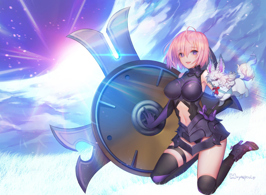 1girl :d absurdres ahoge armored_leotard black_legwear blue_sky breasts breasts_apart clouds day elbow_gloves eyebrows_visible_through_hair fate/grand_order fate_(series) fou_(fate/grand_order) gloves hair_between_eyes hayanpool highres kneeling large_breasts lipstick looking_at_viewer makeup mash_kyrielight midriff navel navel_cutout open_mouth ortenaus outdoors pink_hair red_lipstick shield short_hair sky smile solo stomach sunlight thigh-highs thigh_strap violet_eyes