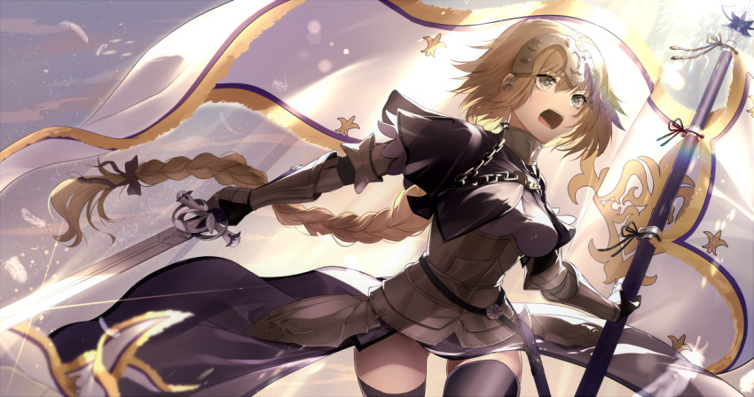 1girl armor armored_dress bangs black_legwear blonde_hair blue_sky braid breasts clouds commentary_request day dress eyebrows_visible_through_hair fate/grand_order fate_(series) flag gauntlets grey_eyes hair_between_eyes headphones holding holding_flag holding_sword holding_weapon jeanne_d'arc_(fate) jeanne_d'arc_(fate)_(all) koruta_(nekoimo) long_hair low_ponytail medium_breasts open_mouth outdoors ponytail purple_dress single_braid sky solo standard_bearer sword thigh-highs very_long_hair weapon white_flag