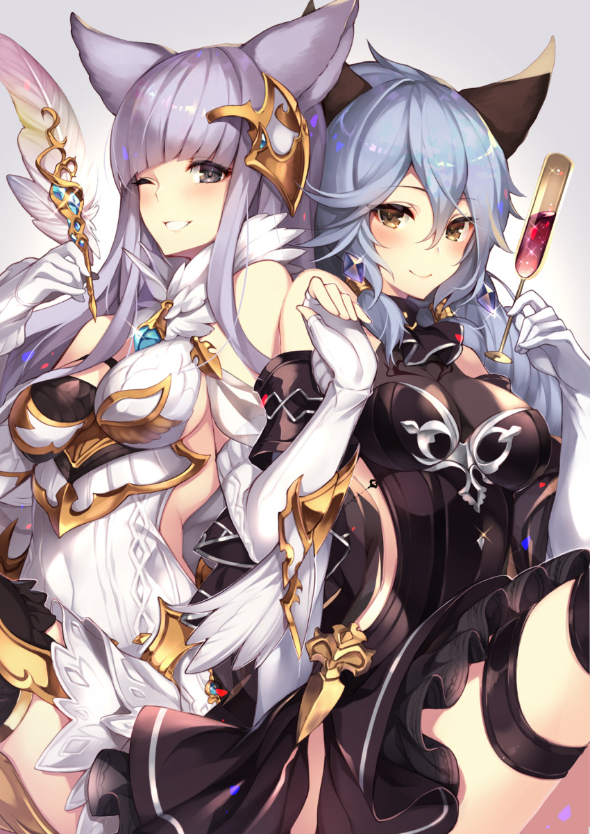 2girls alcohol animal_ears ascot backless_outfit bangs bare_shoulders black_legwear black_neckwear black_shirt black_skirt blue_hair blunt_bangs blush breasts brown_eyes cleavage closed_mouth commentary_request covered_navel cup detached_sleeves dress drinking_glass elbow_gloves fingerless_gloves glint gloves granblue_fantasy grey_eyes grey_hair grin hair_between_eyes hair_ornament hand_up hands_up heles highres holding holding_cup holding_quill homaderi jewelry korwa large_breasts long_hair looking_at_viewer medium_breasts miniskirt mismatched_gloves multiple_girls necklace one_eye_closed shirt side-by-side sidelocks sitting skirt smile teeth thigh-highs thigh_strap white_dress white_gloves wine wine_glass
