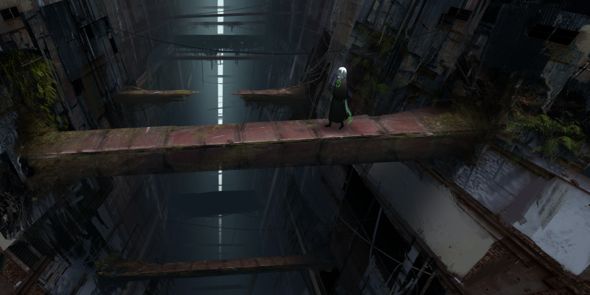 1girl absurdres asuteroid bad_id bad_twitter_id cable claw_(weapon) commentary_request highres huge_filesize iz_(asuteroid) long_hair neon_lights neon_trim original plant ruins scenery solo standing very_long_hair very_wide_shot walking weapon white_hair