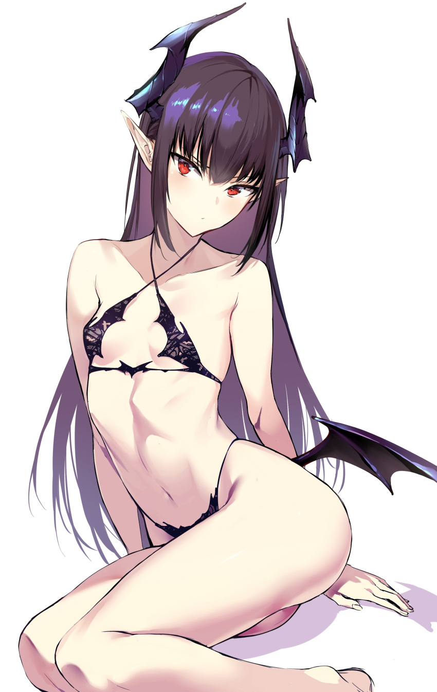 1girl absurdres arm_support bangs bare_shoulders bat_wings blush bra breasts collarbone commentary_request criss-cross_halter demon_girl demon_horns halterneck head_tilt highleg highleg_panties highres hiiragi_yuuichi horns long_hair looking_at_viewer navel original panties pointy_ears pouty_lips purple_bra purple_hair purple_panties purple_wings red_eyes revealing_clothes sidelocks simple_background sitting small_breasts solo stomach succubus thighs tsurime underwear white_background wings yokozuwari