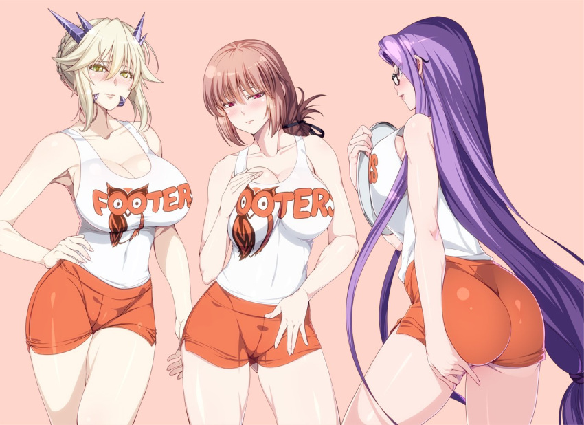 3girls 846-gou artoria_pendragon_(all) artoria_pendragon_(lancer_alter) ass bangs blonde_hair blush braid brand_name_imitation breasts cleavage commentary_request cowboy_shot eyes_visible_through_hair fate/grand_order fate_(series) florence_nightingale_(fate/grand_order) french_braid glasses hooters horns huge_breasts large_breasts logo long_hair multiple_girls orange_shorts parted_bangs pink_background pink_hair purple_hair red_eyes rider shorts single_braid tray uniform very_long_hair white_tank_top yellow_eyes