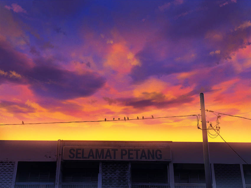 animal bird building clouds cloudy_sky commentary english_commentary highres making_of malay mclelun no_humans orange_sky original outdoors power_lines scenery sign sky twilight