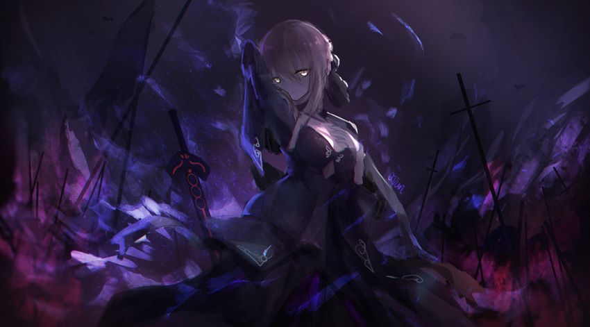 1girl arm_up artoria_pendragon_(all) black_ribbon black_skirt black_sleeves blonde_hair breasts cleavage dark_excalibur fate/stay_night fate_(series) hair_between_eyes hair_ribbon lm520lm520 long_skirt long_sleeves looking_at_viewer medium_breasts ribbon saber_alter short_hair shrug_(clothing) skirt solo standing yellow_eyes