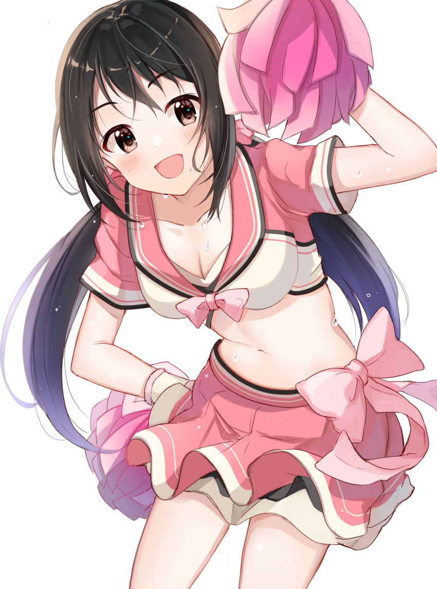 1girl :d bangs black_hair blush bow bowtie breasts brown_eyes cheerleader cleavage collarbone collared_shirt commentary_request crop_top eyebrows_visible_through_hair hair_bow hand_on_hip hand_up highres idolmaster idolmaster_cinderella_girls layered_skirt leaning_forward legs_apart long_hair looking_at_viewer low_twintails medium_breasts midriff miniskirt nakano_yuka navel open_mouth pink_bow pink_neckwear pink_shirt pink_skirt pom_poms satoimo_chika shirt short_sleeves sidelocks simple_background skirt smile solo standing stomach sweat twintails white_background