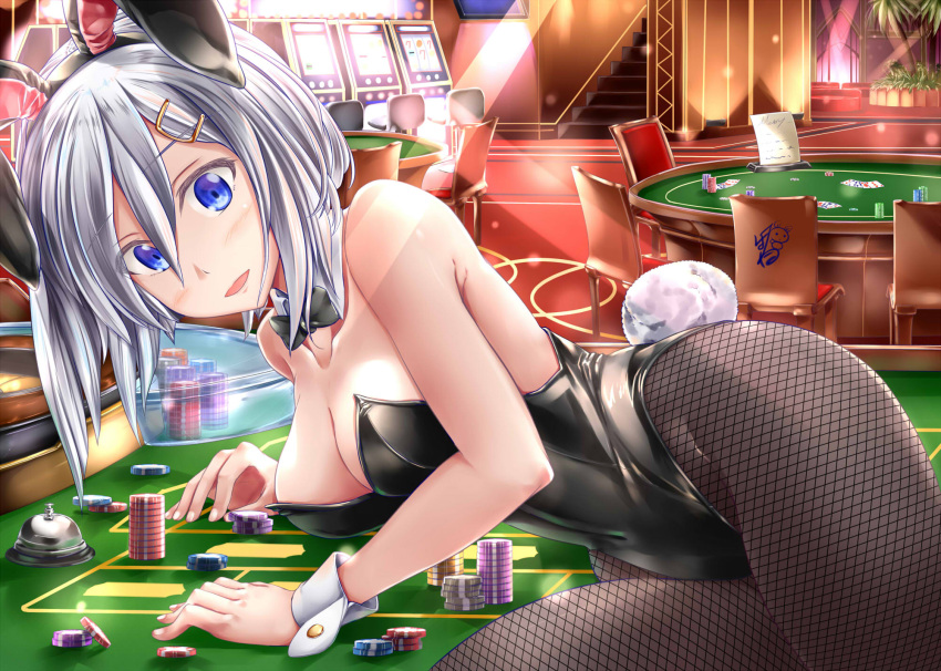 1girl animal_ears ayakase_hotaru bare_shoulders black_legwear black_leotard black_neckwear blue_eyes bow bowtie breasts bunny_tail bunnysuit card casino chair cleavage coconut_tree detached_collar eyebrows_visible_through_hair eyes_visible_through_hair fake_animal_ears fishnet_pantyhose fishnets gambling hair_ornament hair_over_one_eye hairclip hamakaze_(kantai_collection) highres indoors kantai_collection large_breasts leotard lights looking_at_viewer neck_ribbon open_mouth palm_tree pantyhose playing_card poker_chip rabbit_ears ribbon roulette_table short_hair silver_hair sitting slot_machine stairs strapless strapless_leotard table tail tree wrist_cuffs