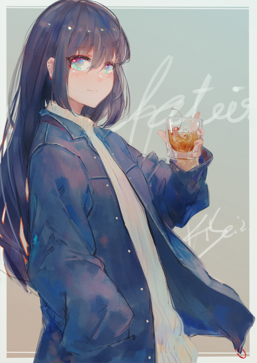 1girl aqua_eyes bangs black_hair blue_jacket cup drink drinking_glass ear_piercing earrings eyebrows_visible_through_hair fingernails hair_between_eyes hand_in_pocket highres holding holding_cup ice ice_cube jacket jewelry kisei2 long_hair looking_at_viewer looking_to_the_side nail_polish open_clothes open_jacket original piercing red_nails ribbed_sweater smile solo sweater very_long_hair white_sweater