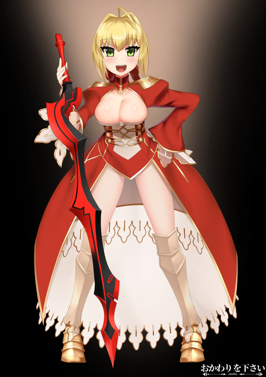 1girl :d aestus_estus artist_logo artist_name black_background blonde_hair breasts cleavage cleavage_cutout commission cowfee dress eyebrows_visible_through_hair fate/extra fate_(series) full_body gradient gradient_background greaves green_eyes hair_ribbon hand_on_hip highres juliet_sleeves large_breasts legs_apart long_sleeves looking_at_viewer nero_claudius_(fate) nero_claudius_(fate)_(all) open_clothes open_dress open_mouth puffy_sleeves red_dress red_ribbon ribbon short_hair simple_background smile solo standing sword weapon wide_sleeves