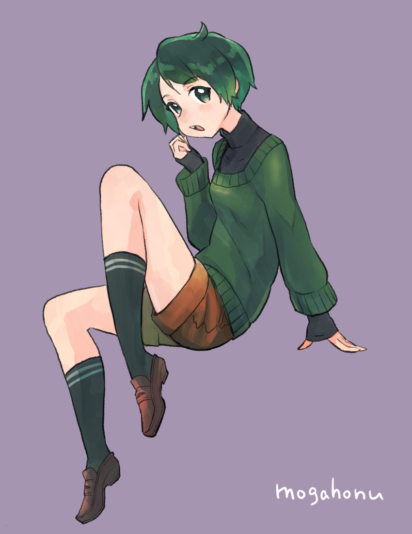 1girl :o absurdres artist_name black_legwear full_body green_eyes green_hair green_sweater highres kantai_collection loafers long_sleeves looking_at_viewer mogami_(kantai_collection) mogamiya_honu purple_background shoes short_hair shorts simple_background socks solo sweater