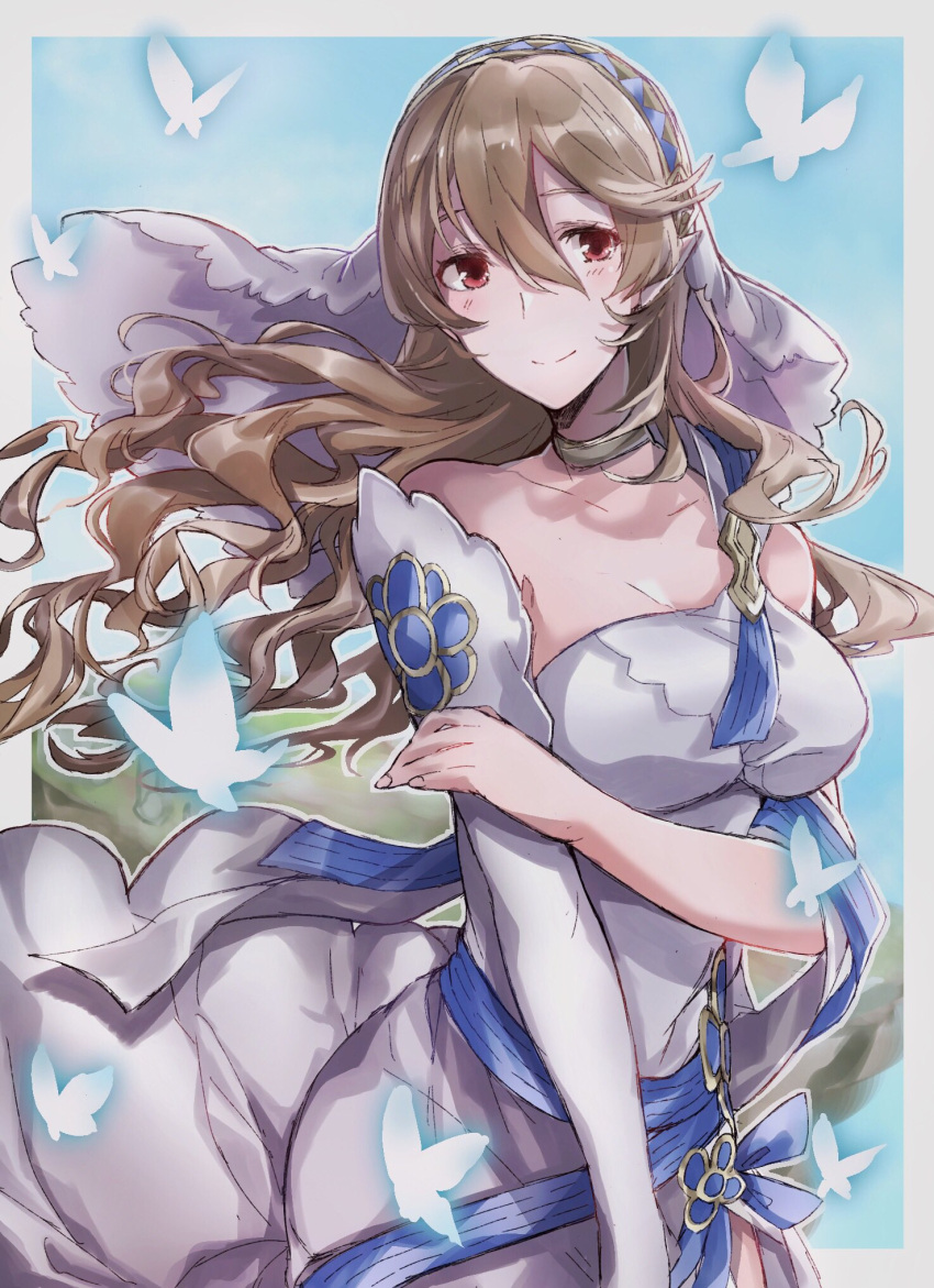 1girl aiueo1234853 bug butterfly closed_mouth dress female_my_unit_(fire_emblem_if) fire_emblem fire_emblem_heroes fire_emblem_if highres insect long_hair my_unit_(fire_emblem_if) nintendo pointy_ears red_eyes smile solo veil white_dress white_hair
