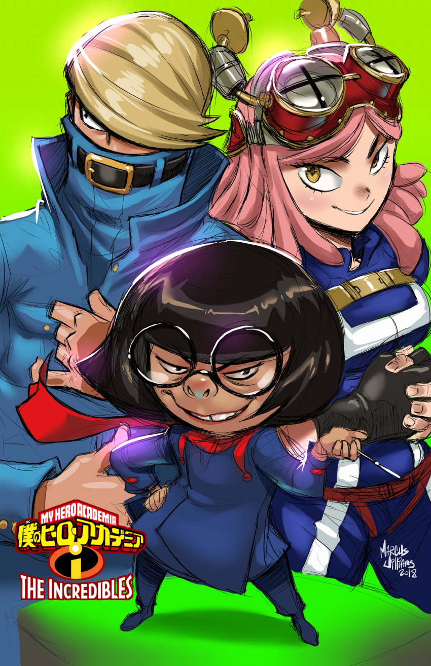 1boy 2girls best_jeanist black_hair blonde_hair boku_no_hero_academia buckle covered_mouth crossover denim edna_mode goggles goggles_on_head hatsume_mei highres marcusthevisual multiple_girls pink_hair round_eyewear symbol-shaped_pupils the_incredibles u.a._gym_uniform yellow_eyes