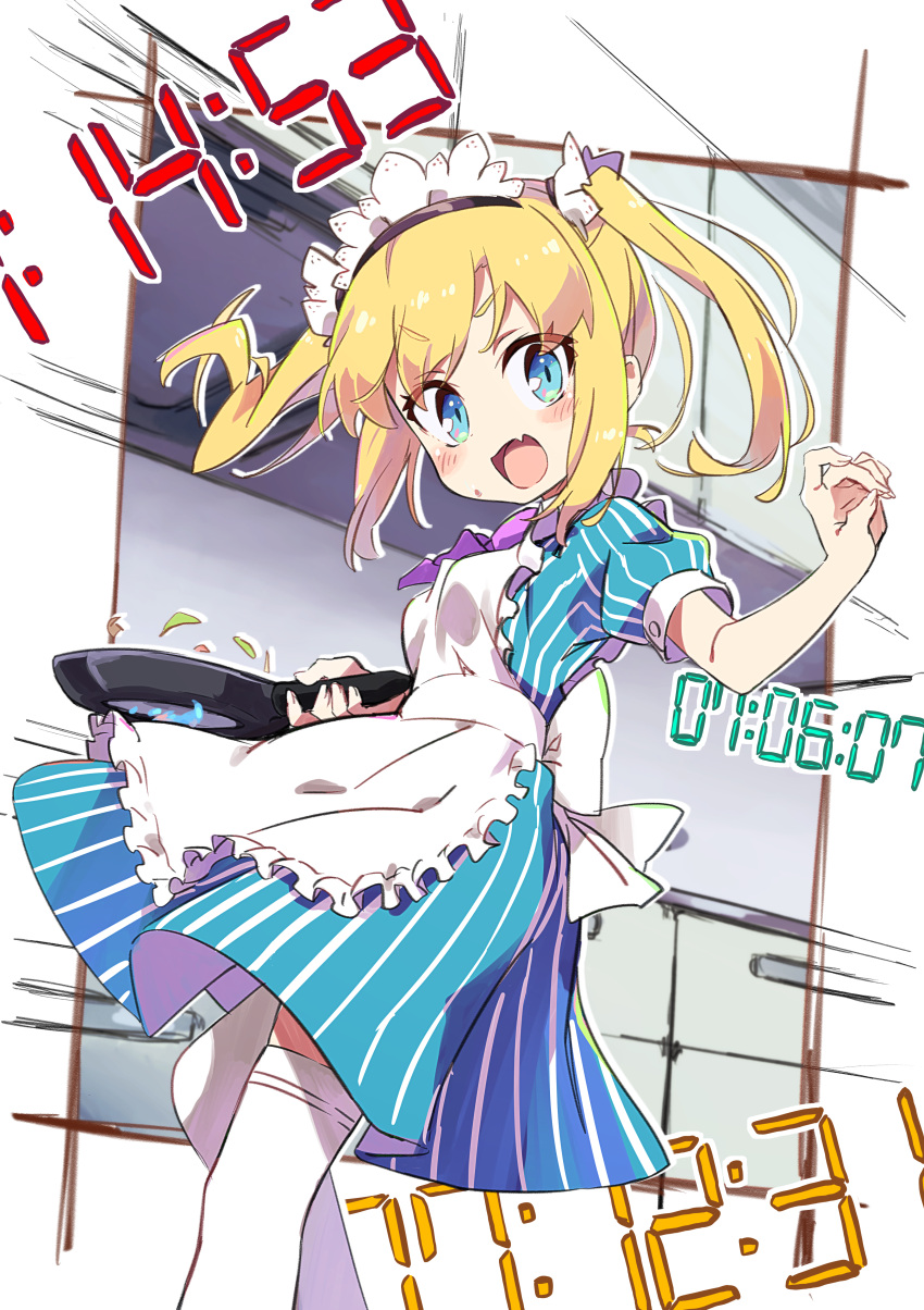 1girl absurdres amaryllis_class apron bangs blonde_hair blue_dress blue_eyes blush bow breasts commentary_request dress eyebrows_visible_through_hair fang fingernails frilled_apron frills frying_pan hand_up highres holding holding_frying_pan kotohara_hinari long_hair looking_at_viewer maid maid_apron maid_headdress open_mouth puffy_short_sleeves puffy_sleeves purple_bow short_sleeves sidelocks small_breasts solo standing striped sweat tama_(tama-s) thigh-highs twintails v-shaped_eyebrows vertical-striped_dress vertical_stripes virtual_youtuber white_apron white_legwear