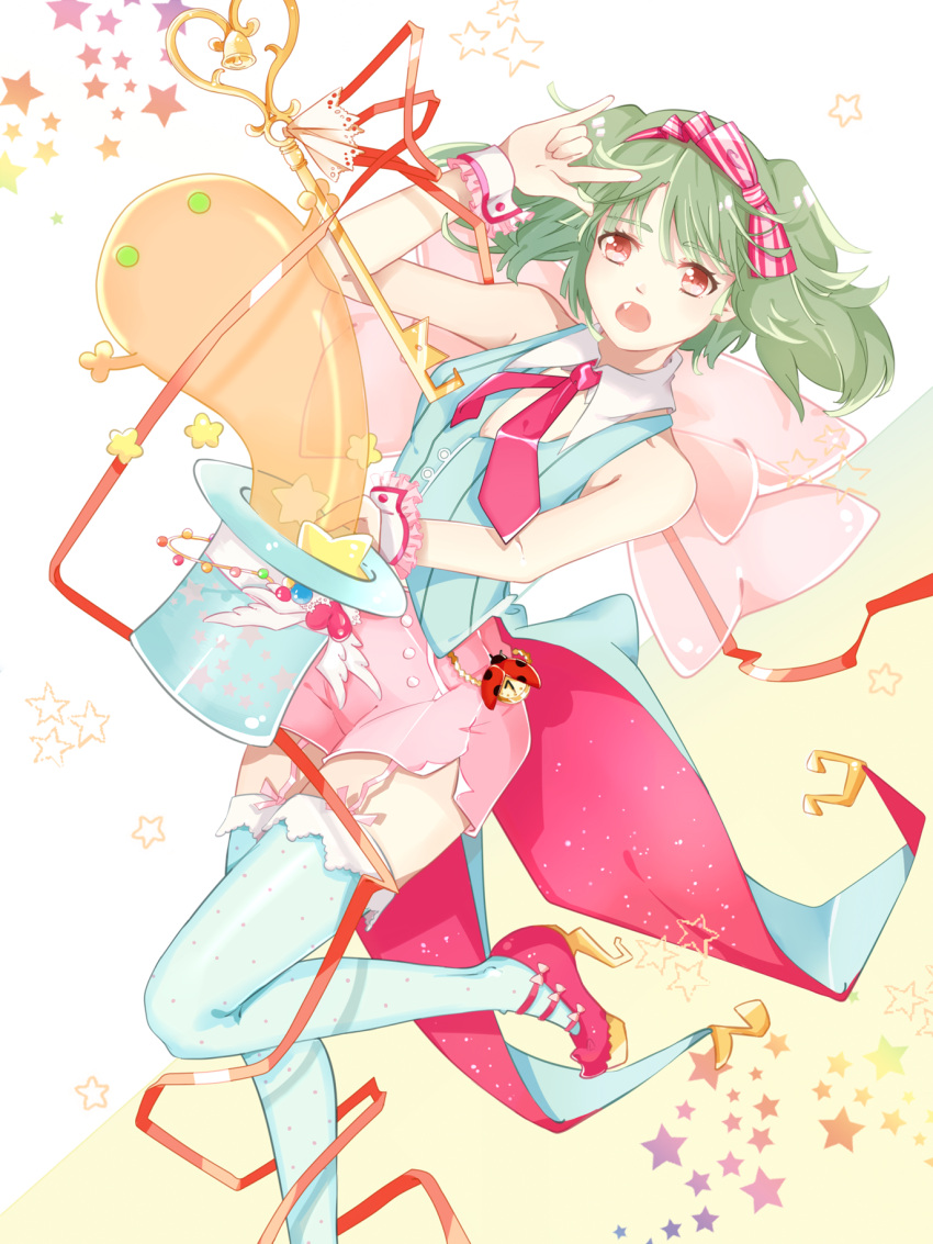 1girl \m/ arm_up bare_shoulders bow breasts coattails fang green_hair hairband hat high_heels highres macross macross_frontier necktie open_mouth ranka_lee red_eyes short_hair short_shorts shorts small_breasts solo thigh-highs top_hat wrist_cuffs ying_weiyu