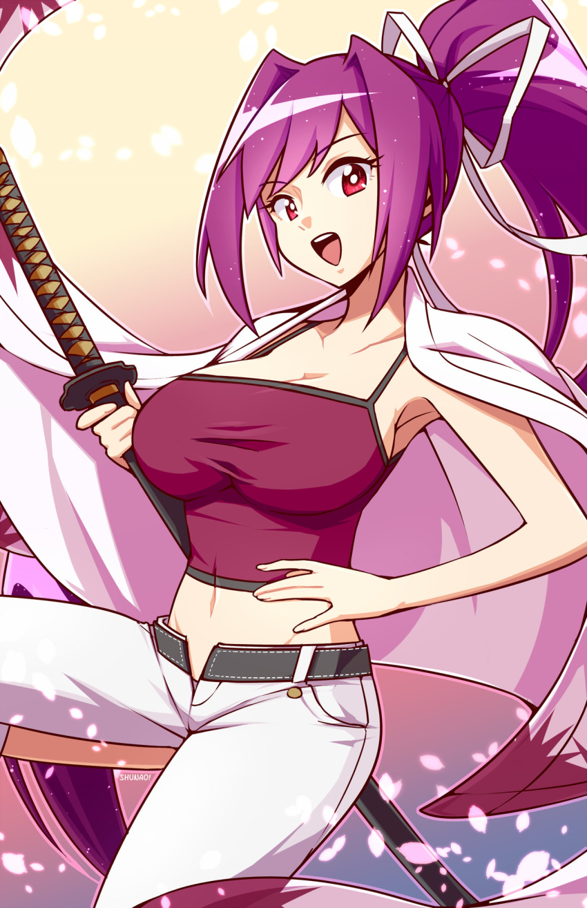 1girl armpits artist_name breasts cherry_blossoms cleavage collarbone commentary crop_top english_commentary eyebrows_visible_through_hair gradient gradient_background hair_ribbon highres jacket_on_shoulders large_breasts leg_up long_hair looking_at_viewer lyn_(shunao) magenta_eyes midriff navel open_mouth pants purple_hair ribbon solo sword unbuttoned unbuttoned_pants under_night_in-birth weapon white_pants yuzuriha_(under_night_in-birth)