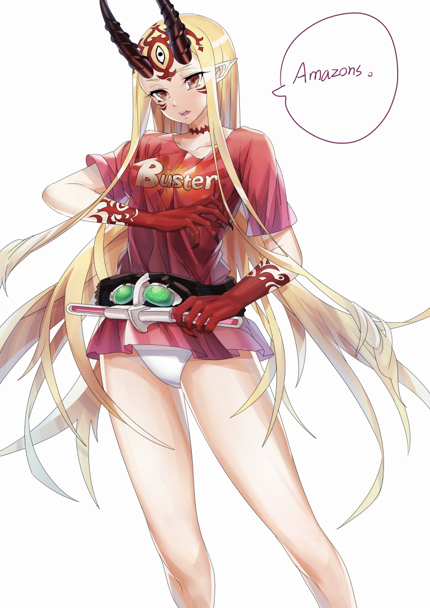 1girl absurdres blonde_hair breasts brown_eyes buster_shirt clothes_writing collarbone commentary_request covered_nipples facial_mark fate/grand_order fate_(series) forehead_mark grey_background head_tilt highres horns ibaraki_douji_(fate/grand_order) kamen_rider kamen_rider_amazon_alpha kamen_rider_amazons long_hair looking_at_viewer no_pants oni oni_horns open_mouth panties pointy_ears red_shirt shirt short_sleeves simple_background small_breasts solo standing underwear very_long_hair white_panties xo_(xo17800108)