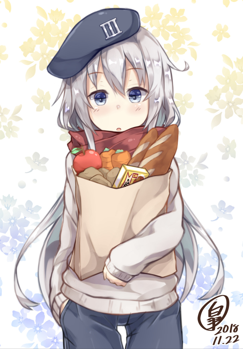 1girl :o alternate_costume apple bag baguette bangs beret blue_eyes blue_pants blush box bread carrot casual commentary_request cowboy_shot dated eyebrows_visible_through_hair floral_background food fruit grey_sweater groceries grocery_bag hand_in_pocket hat hat_ornament hibiki_(kantai_collection) highres holding holding_bag kantai_collection long_hair long_sleeves looking_at_viewer ourah_ikuzus pants parted_lips potato red_scarf scarf shopping_bag sidelocks sideways_hat signature silver_hair solo standing sweater white_background