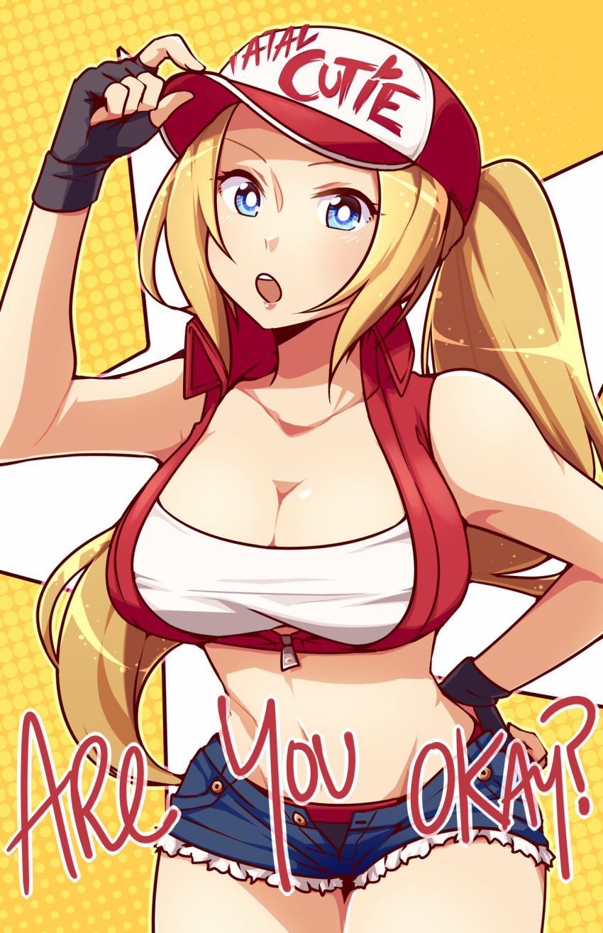 1girl bare_shoulders blonde_hair blue_eyes breasts cleavage collarbone commentary cowboy_shot crop_top denim denim_shorts english english_commentary fatal_fury fingerless_gloves genderswap genderswap_(mtf) gloves hand_on_hip hat highres large_breasts long_hair lyn_(shunao) navel open_mouth panties polka_dot polka_dot_background ponytail short_shorts shorts snk_heroines:_tag_team_frenzy terry_bogard unbuttoned underwear yellow_background zipper