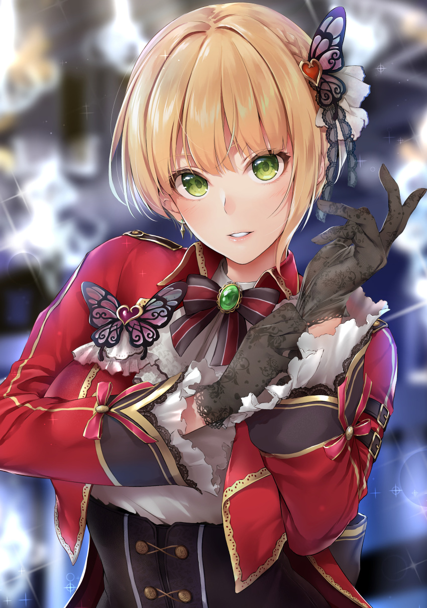 1girl absurdres blonde_hair brooch butterfly_hair_ornament earrings gloves green_eyes hair_ornament highres idolmaster idolmaster_cinderella_girls idolmaster_cinderella_girls_starlight_stage jewelry lace lace_gloves looking_at_viewer miyamoto_frederica open_mouth ribbon short_hair sparkle_background